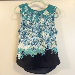 New York‎ & Company Womens M Blouse Pleat Neck Detail Teal Print Sleeveless